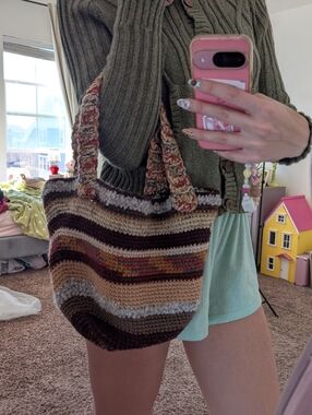 Hand-Crocheted Striped Tote Bag in Brown Mix